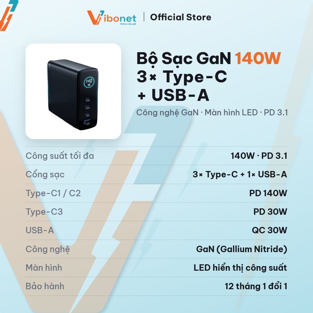 Củ sạc nhanh Vibonet 140W GaN 4 cổng màn hình cảm ứng 2