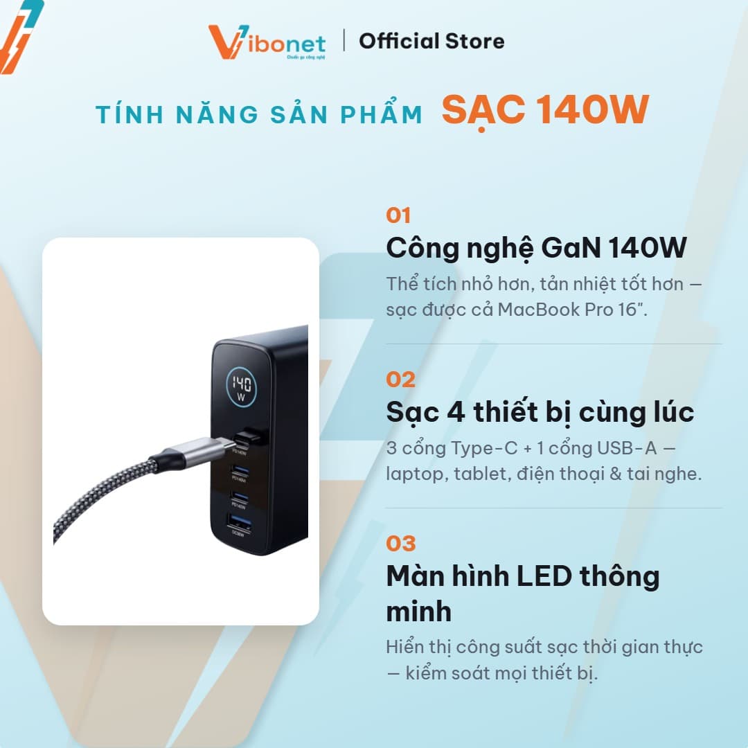 Củ sạc nhanh Vibonet 140W GaN 4 cổng màn hình cảm ứng 3