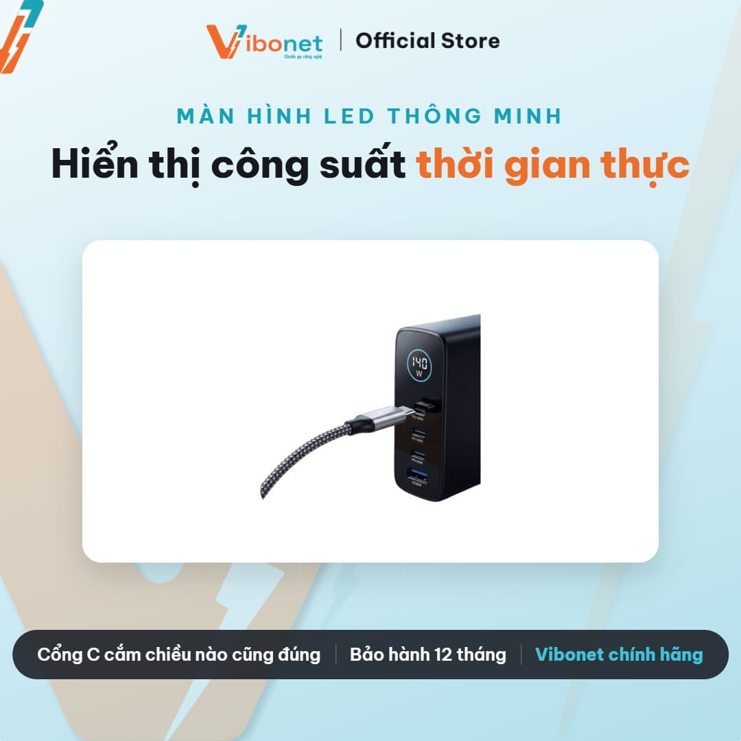 Củ sạc nhanh Vibonet 140W GaN 4 cổng màn hình cảm ứng 6