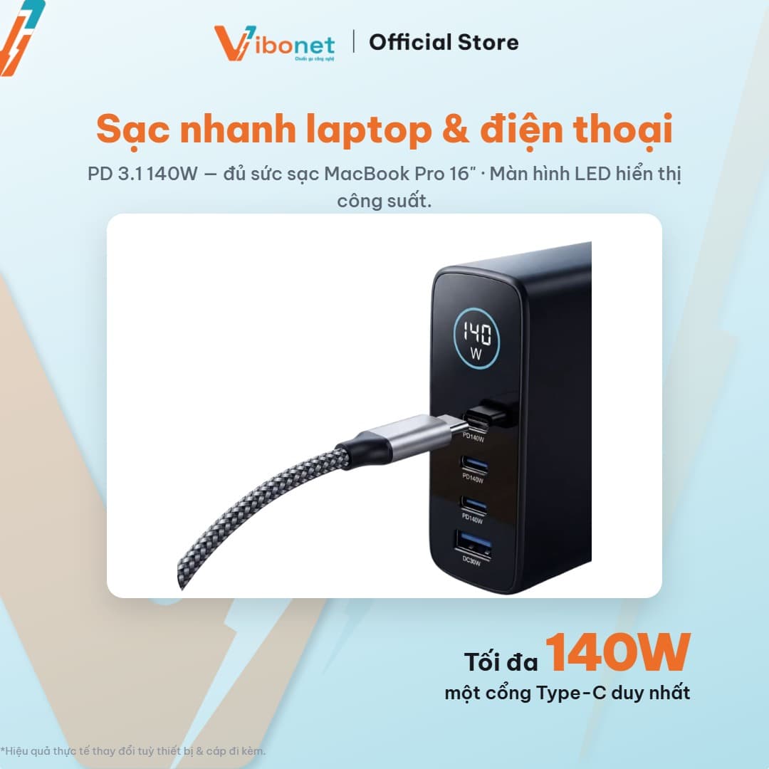 Củ sạc nhanh Vibonet 140W GaN 4 cổng màn hình cảm ứng 9