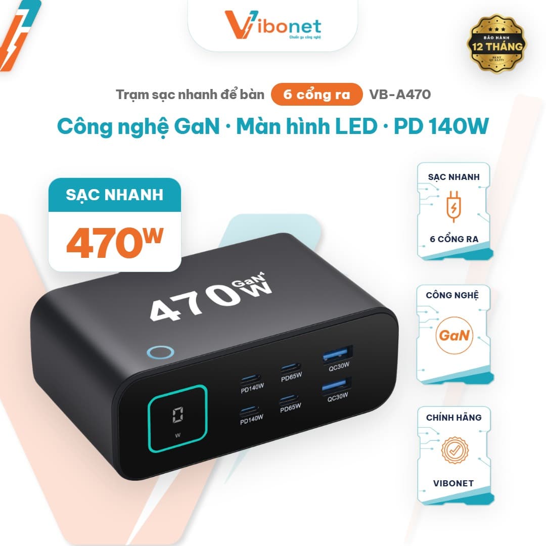 Trạm sạc để bàn Vibonet 470W GaN 6 cổng màn hình LED