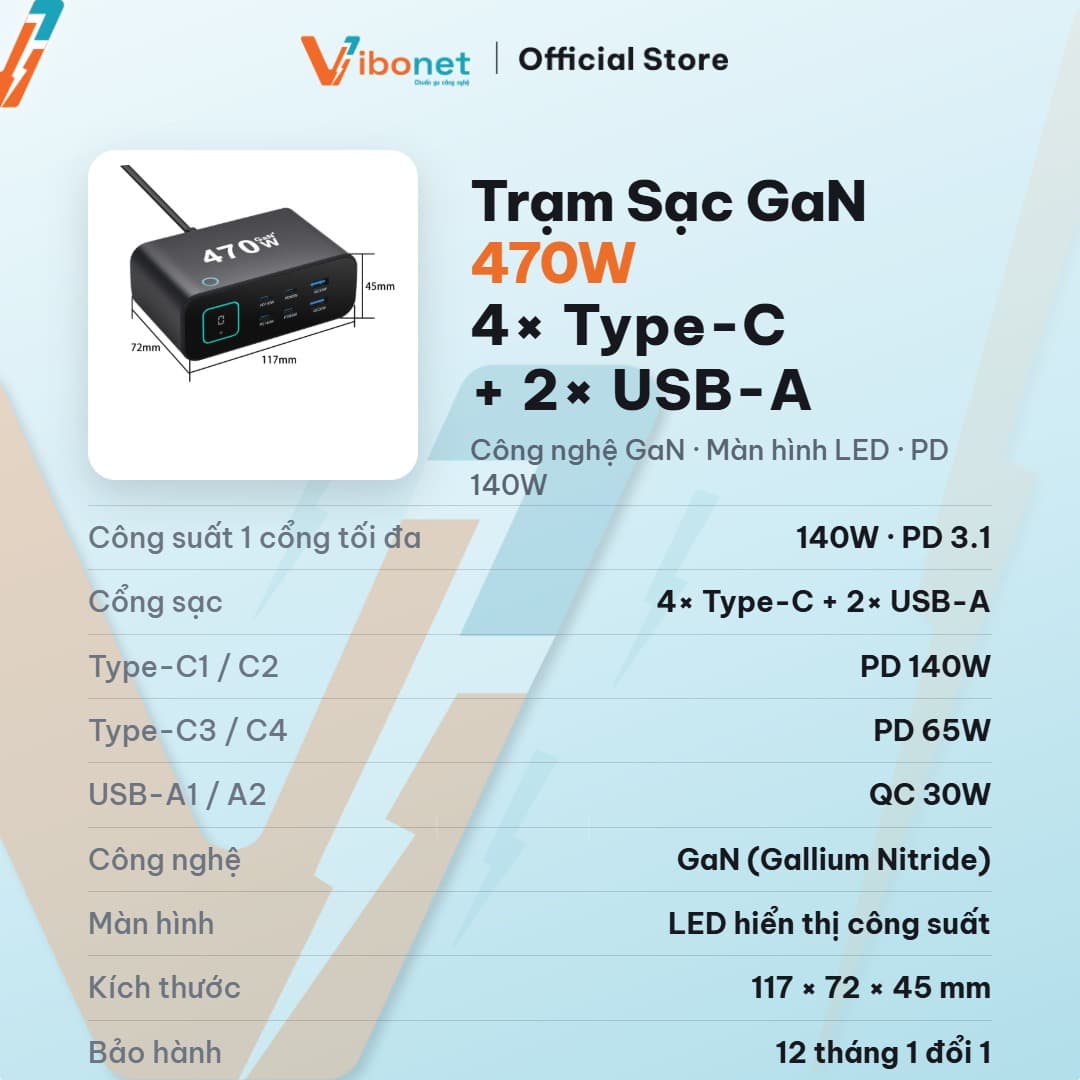 Trạm sạc để bàn Vibonet 470W GaN 6 cổng màn hình LED 2