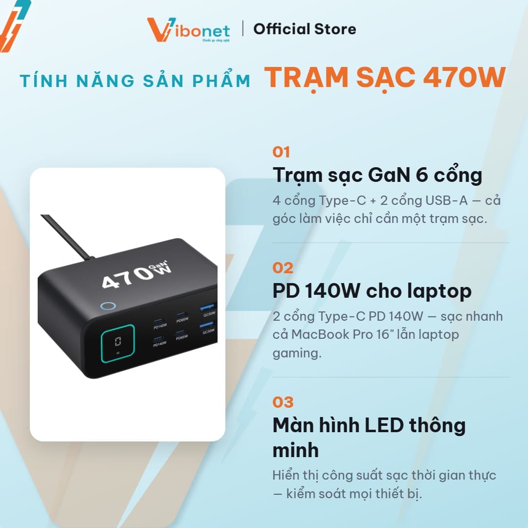 Trạm sạc để bàn Vibonet 470W GaN 6 cổng màn hình LED 3