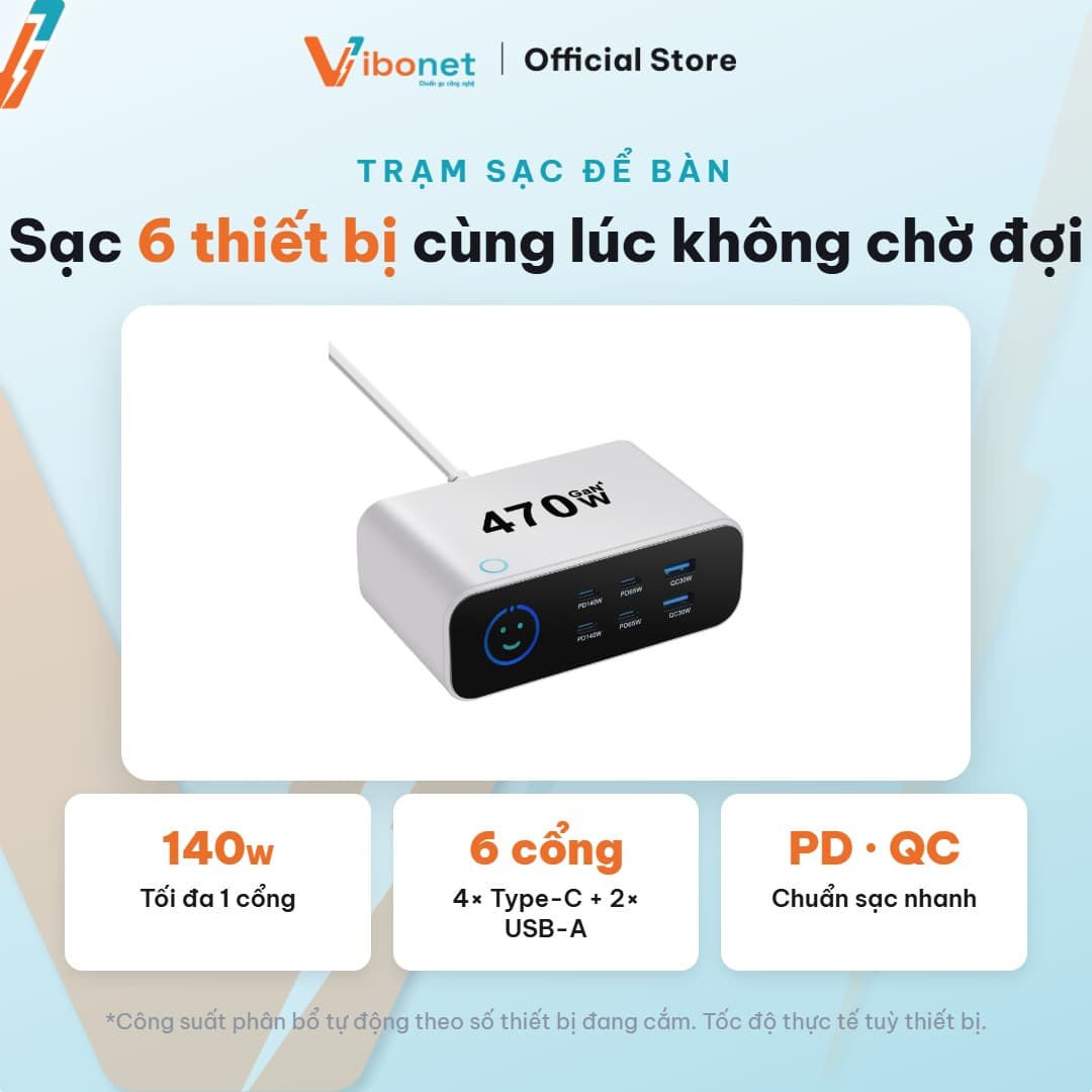 Trạm sạc để bàn Vibonet 470W GaN 6 cổng màn hình LED 4