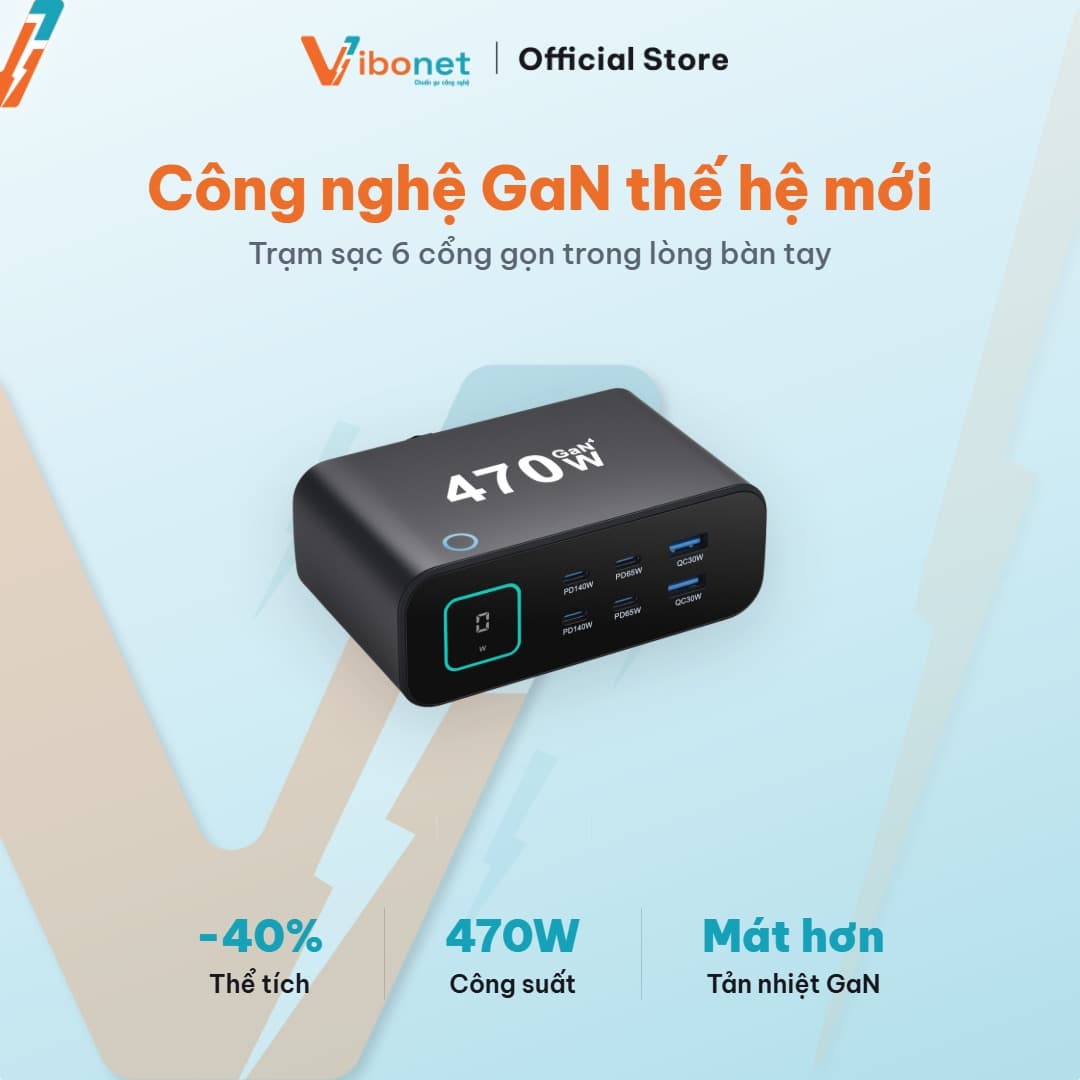 Trạm sạc để bàn Vibonet 470W GaN 6 cổng màn hình LED 7