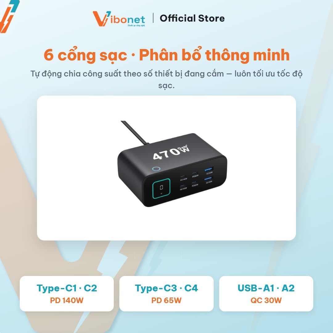 Trạm sạc để bàn Vibonet 470W GaN 6 cổng màn hình LED 8