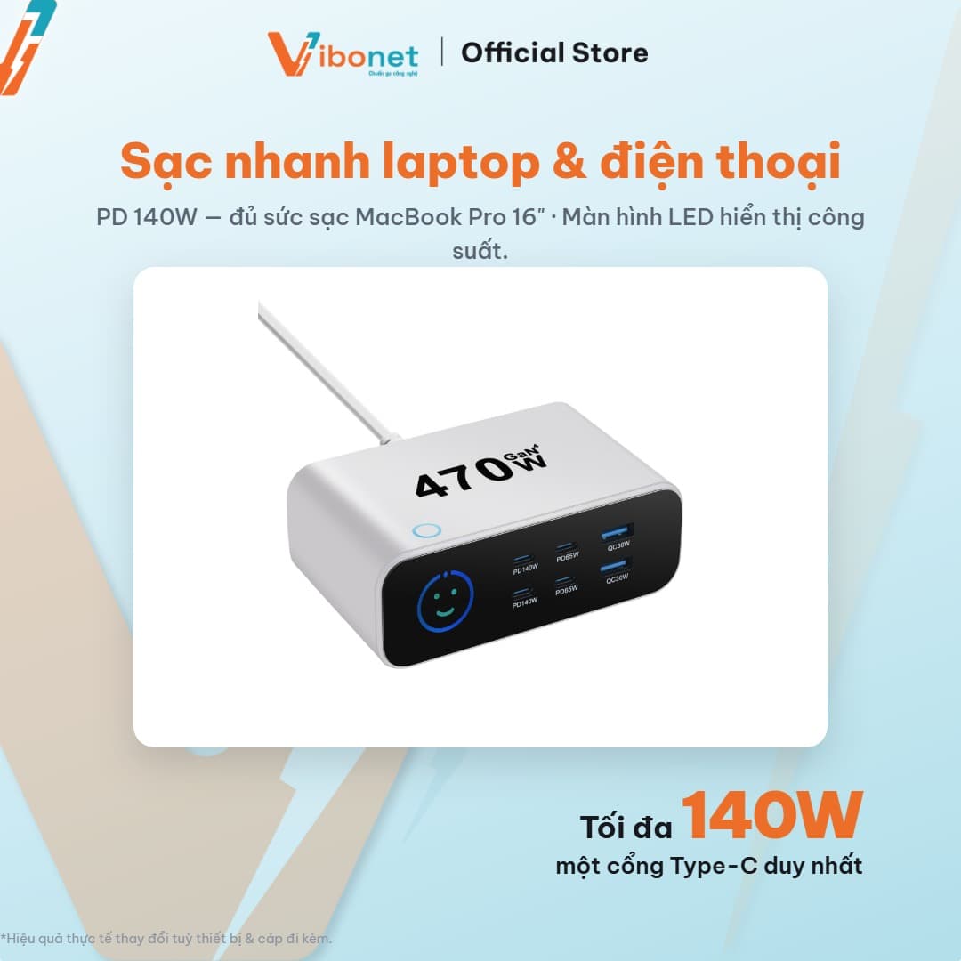 Trạm sạc để bàn Vibonet 470W GaN 6 cổng màn hình LED 9