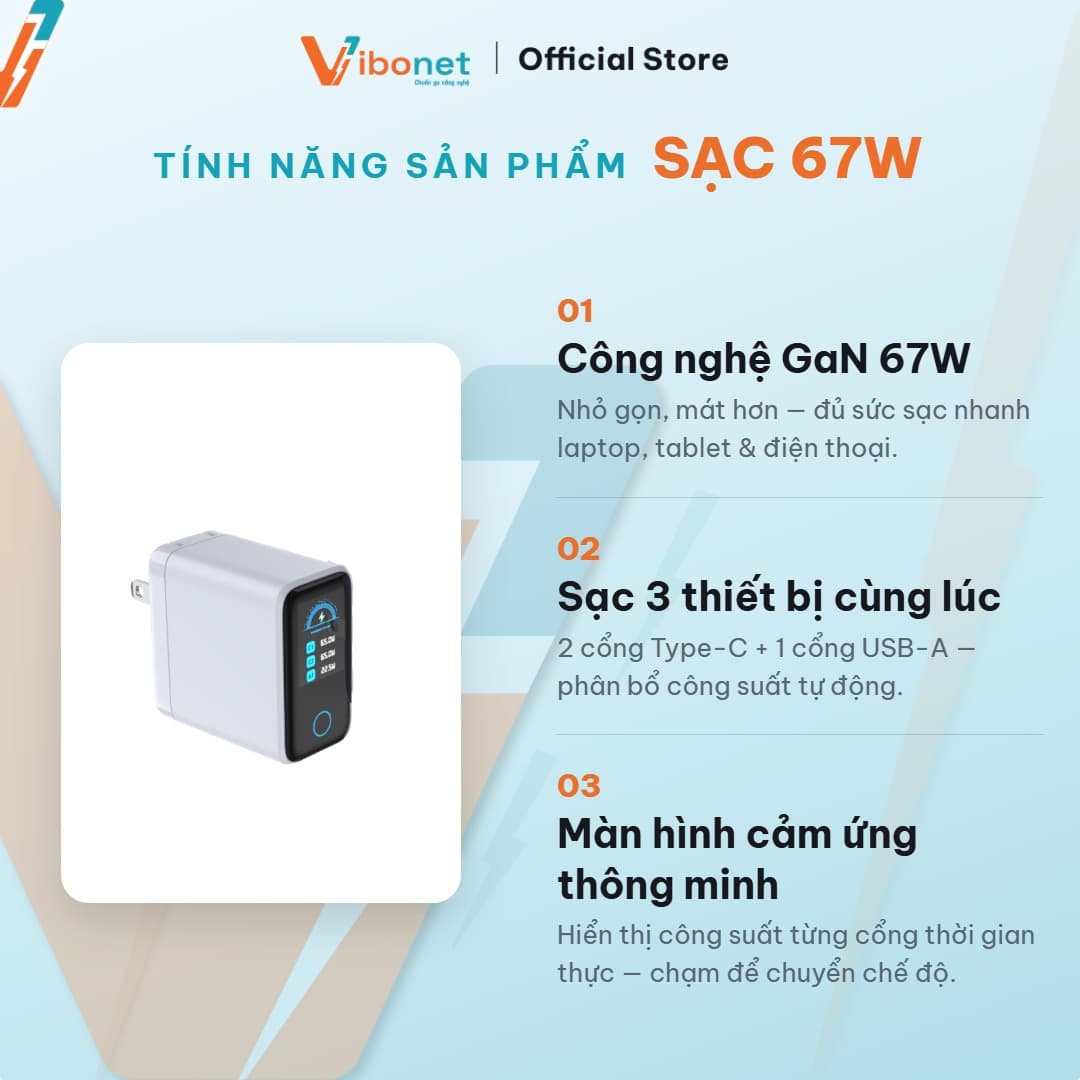 Củ sạc nhanh Vibonet 67W GaN 3 cổng màn hình cảm ứng 3