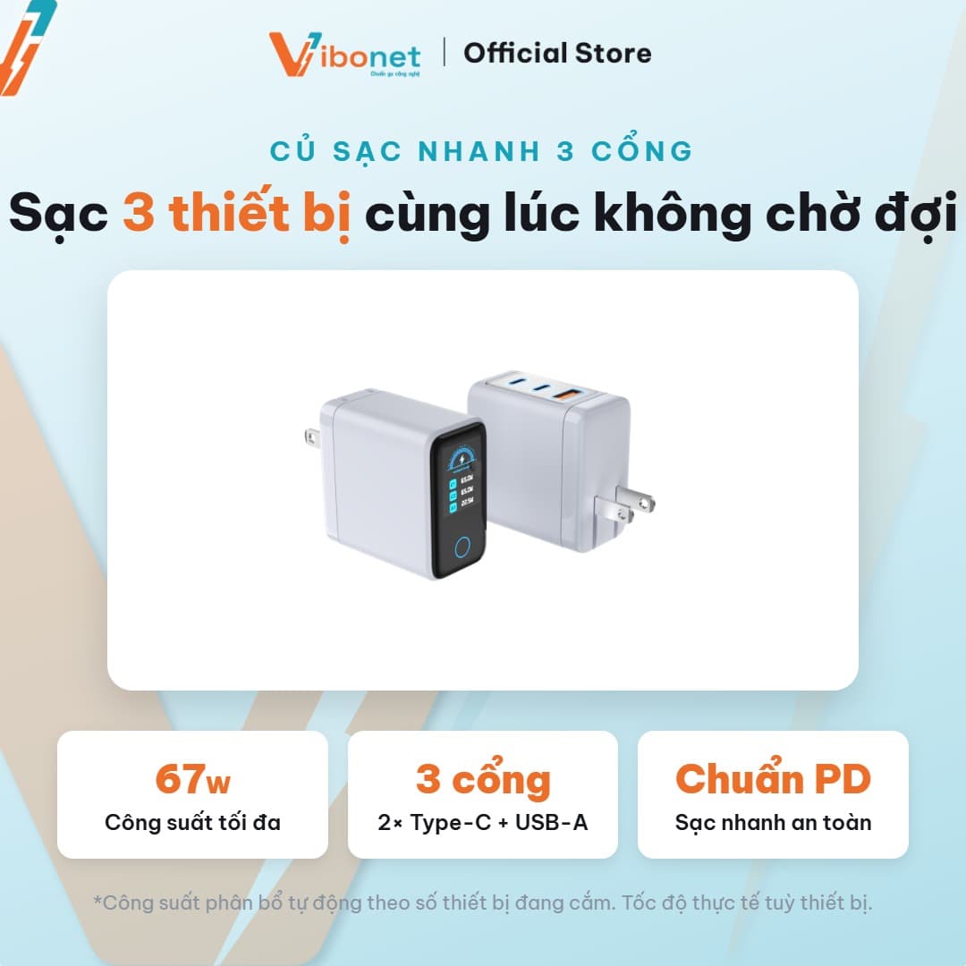 Củ sạc nhanh Vibonet 67W GaN 3 cổng màn hình cảm ứng 4