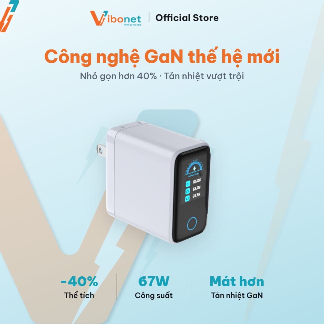 Củ sạc nhanh Vibonet 67W GaN 3 cổng màn hình cảm ứng 7