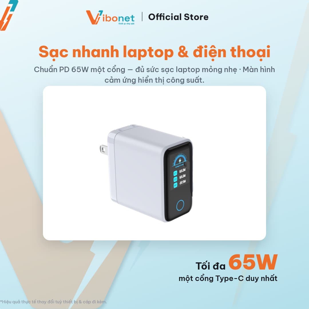 Củ sạc nhanh Vibonet 67W GaN 3 cổng màn hình cảm ứng 9