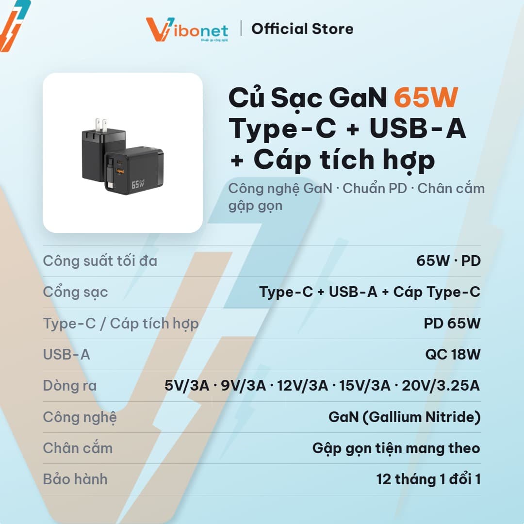 Củ sạc nhanh Vibonet 65W GaN cáp rút 2 cổng 2