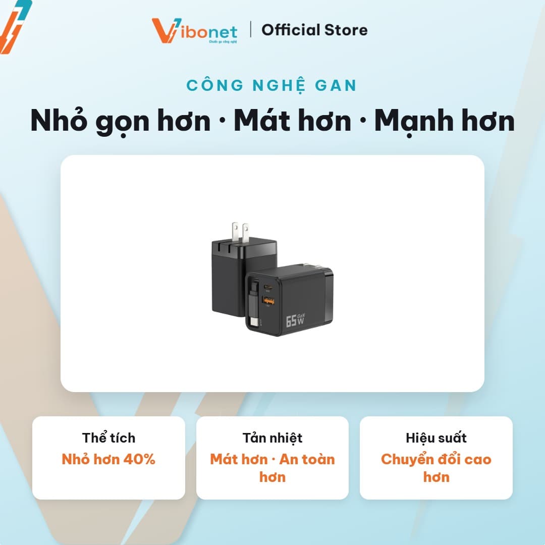 Củ sạc nhanh Vibonet 65W GaN cáp rút 2 cổng 5