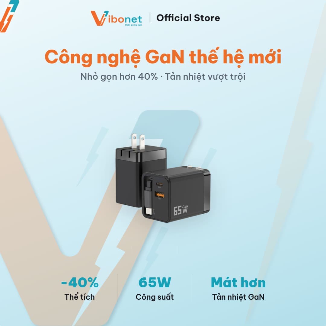 Củ sạc nhanh Vibonet 65W GaN cáp rút 2 cổng 7