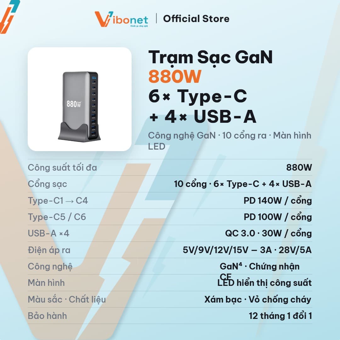 Trạm sạc để bàn Vibonet 880W GaN 10 cổng công suất cao 2
