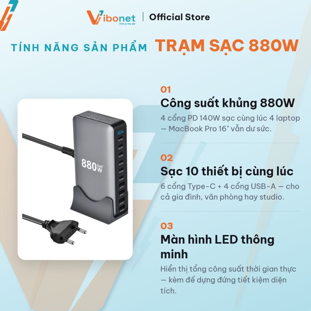Trạm sạc để bàn Vibonet 880W GaN 10 cổng công suất cao 3