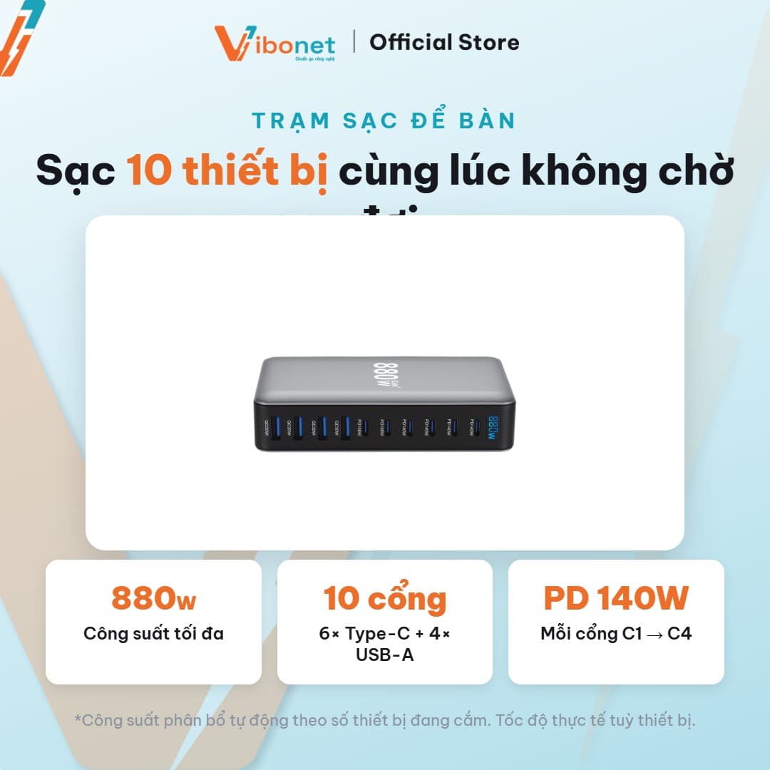 Trạm sạc để bàn Vibonet 880W GaN 10 cổng công suất cao 4