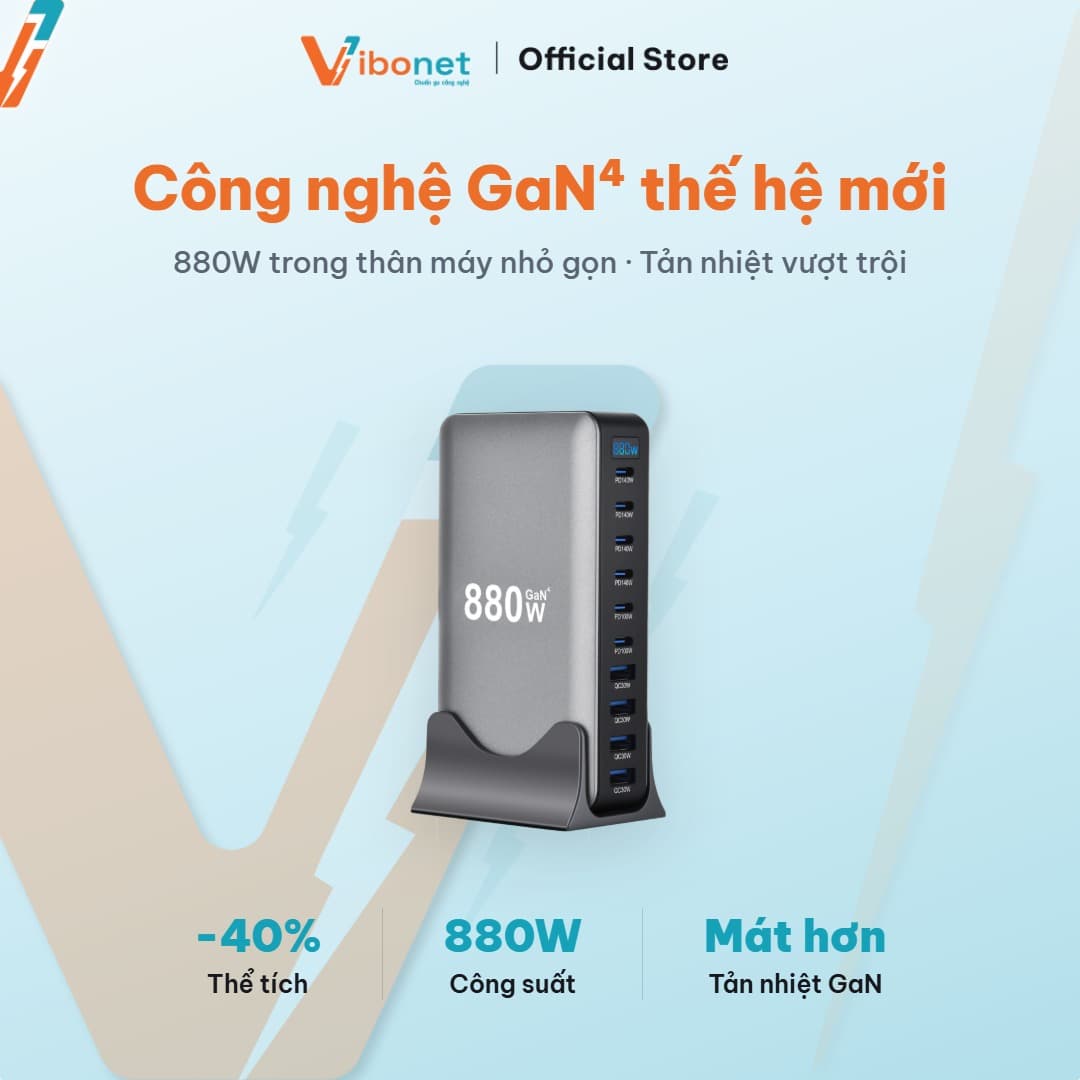 Trạm sạc để bàn Vibonet 880W GaN 10 cổng công suất cao 7