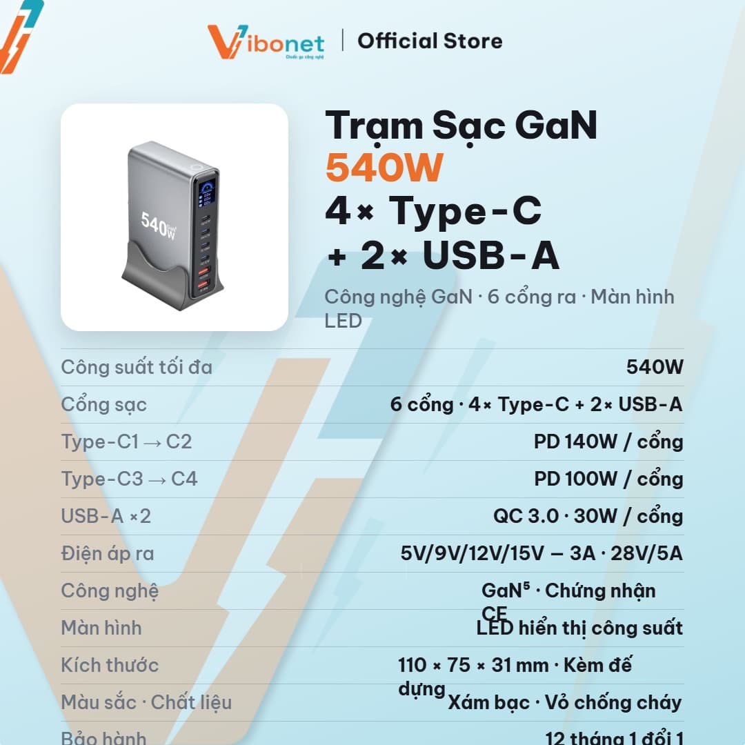 Trạm sạc để bàn Vibonet 540W GaN 6 cổng màn hình LED 2