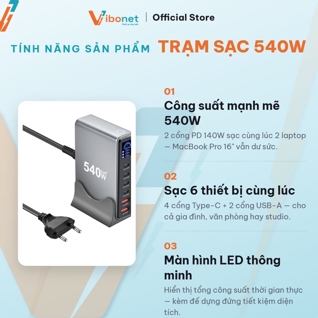 Trạm sạc để bàn Vibonet 540W GaN 6 cổng màn hình LED 3