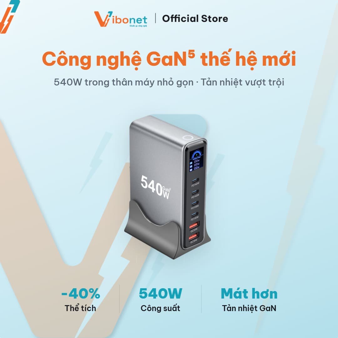 Trạm sạc để bàn Vibonet 540W GaN 6 cổng màn hình LED 7