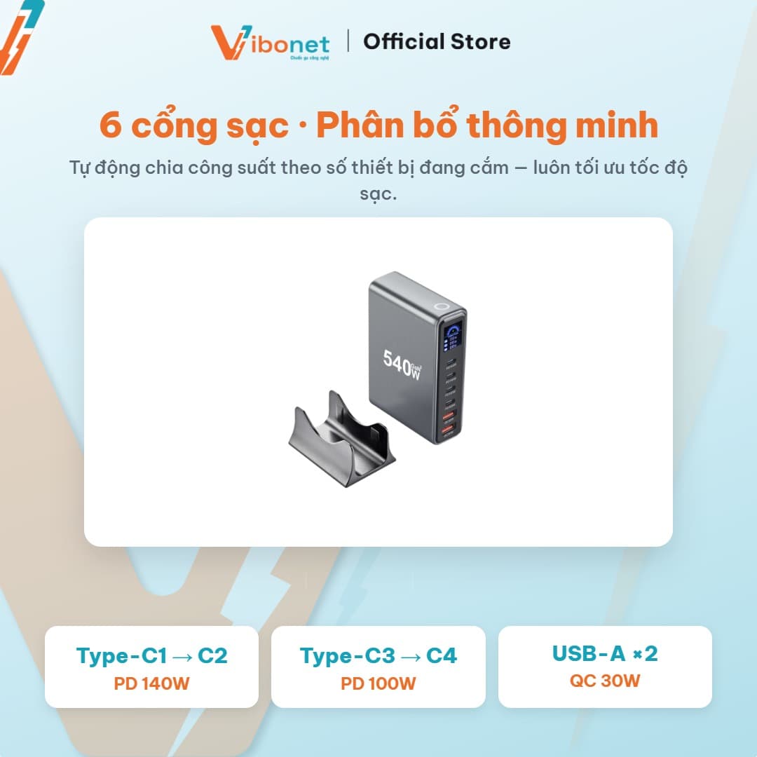 Trạm sạc để bàn Vibonet 540W GaN 6 cổng màn hình LED 8