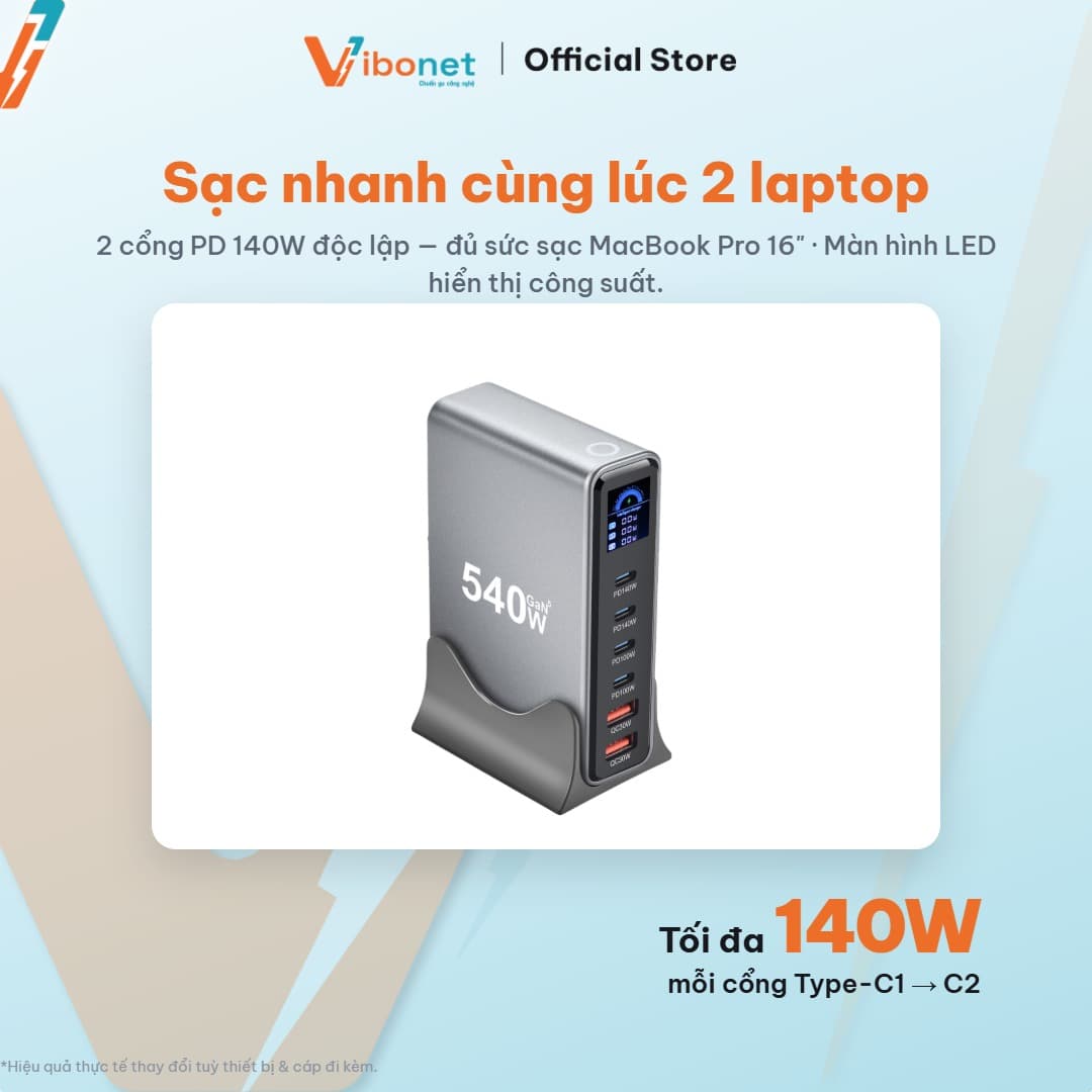 Trạm sạc để bàn Vibonet 540W GaN 6 cổng màn hình LED 9