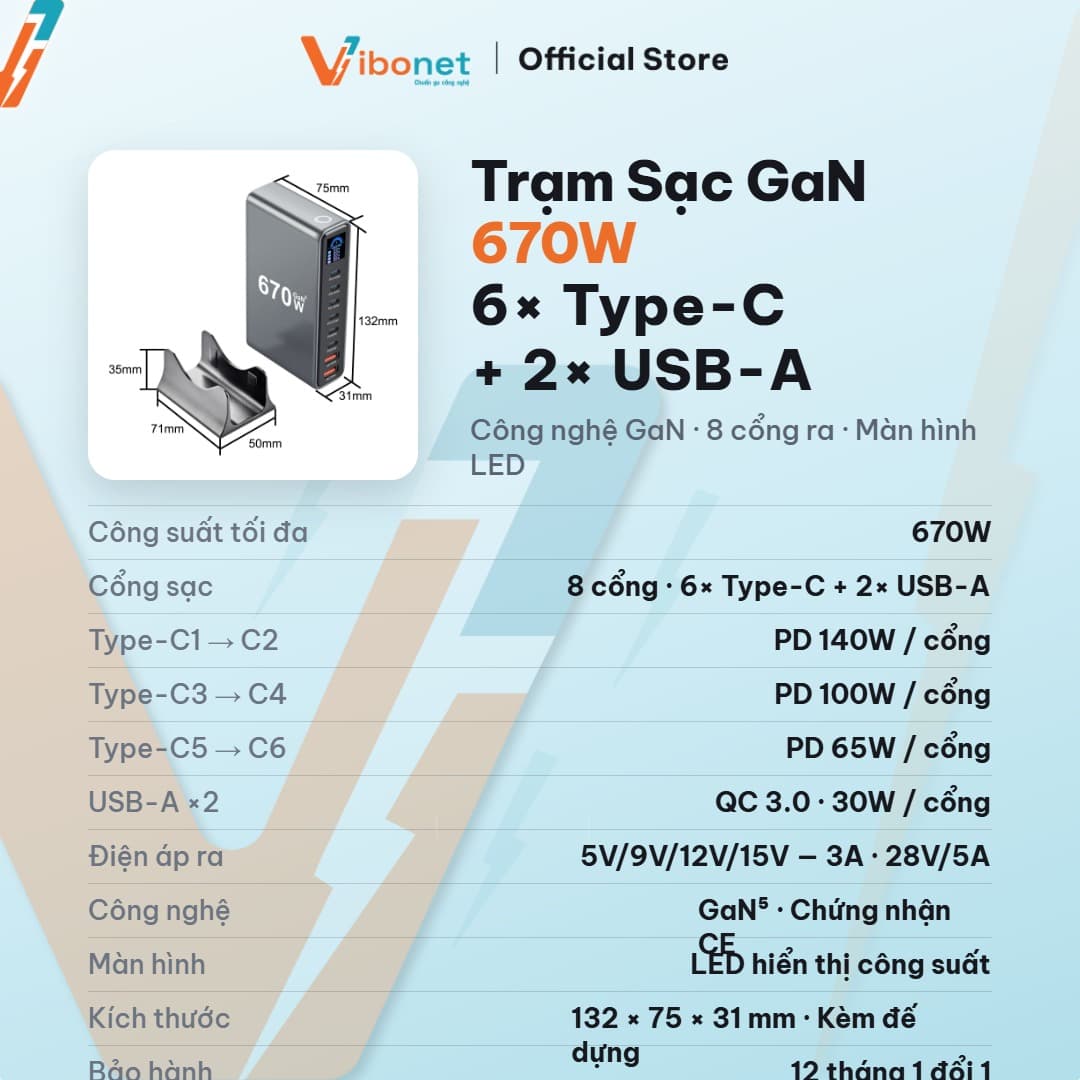 Trạm sạc để bàn Vibonet 670W GaN 8 cổng màn hình LED 2