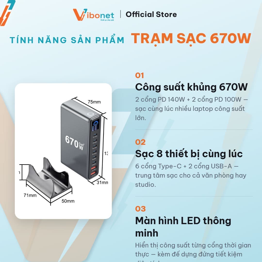 Trạm sạc để bàn Vibonet 670W GaN 8 cổng màn hình LED 3