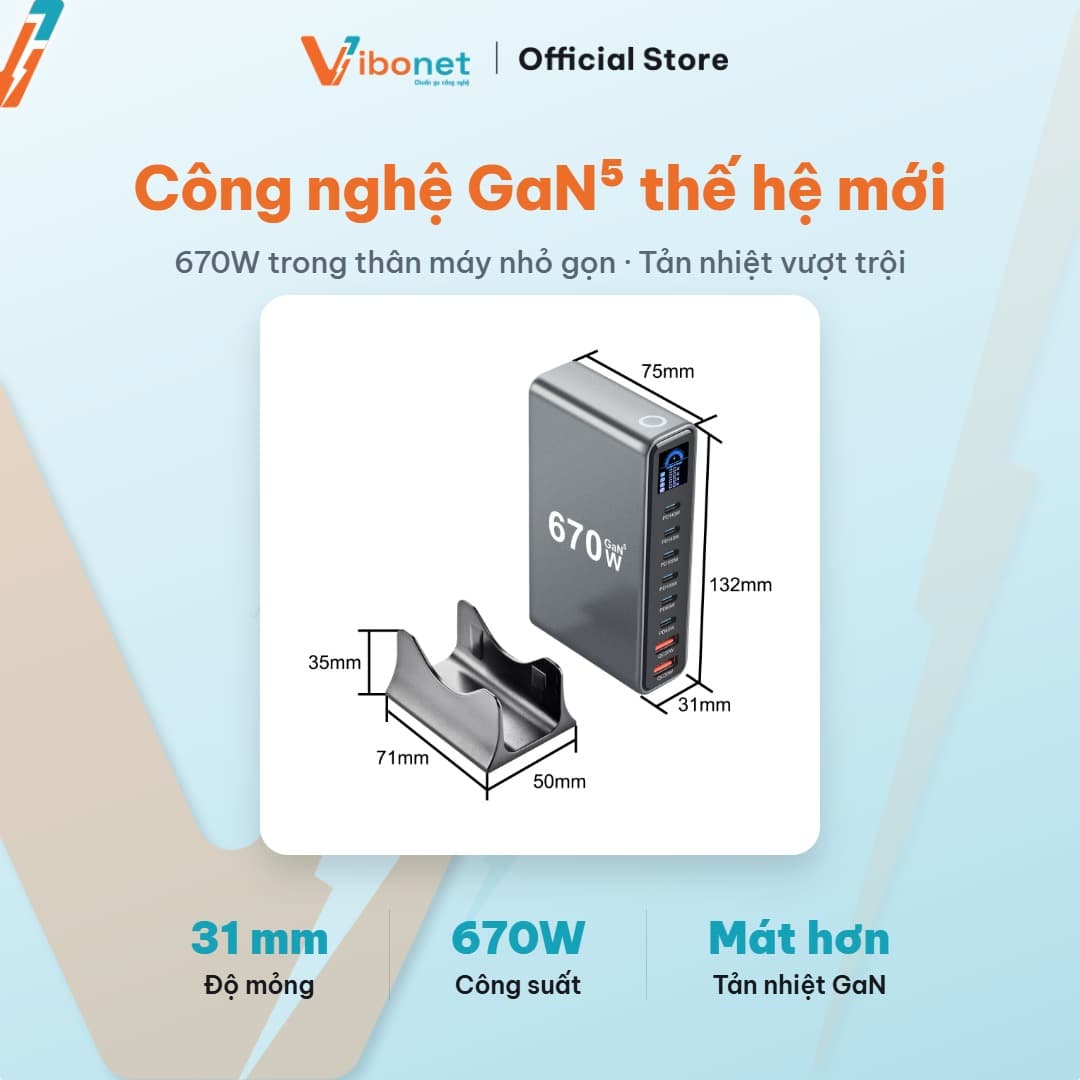 Trạm sạc để bàn Vibonet 670W GaN 8 cổng màn hình LED 7