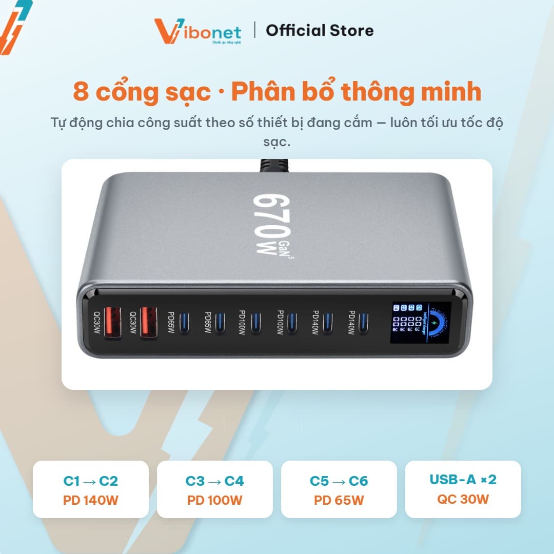 Trạm sạc để bàn Vibonet 670W GaN 8 cổng màn hình LED 8