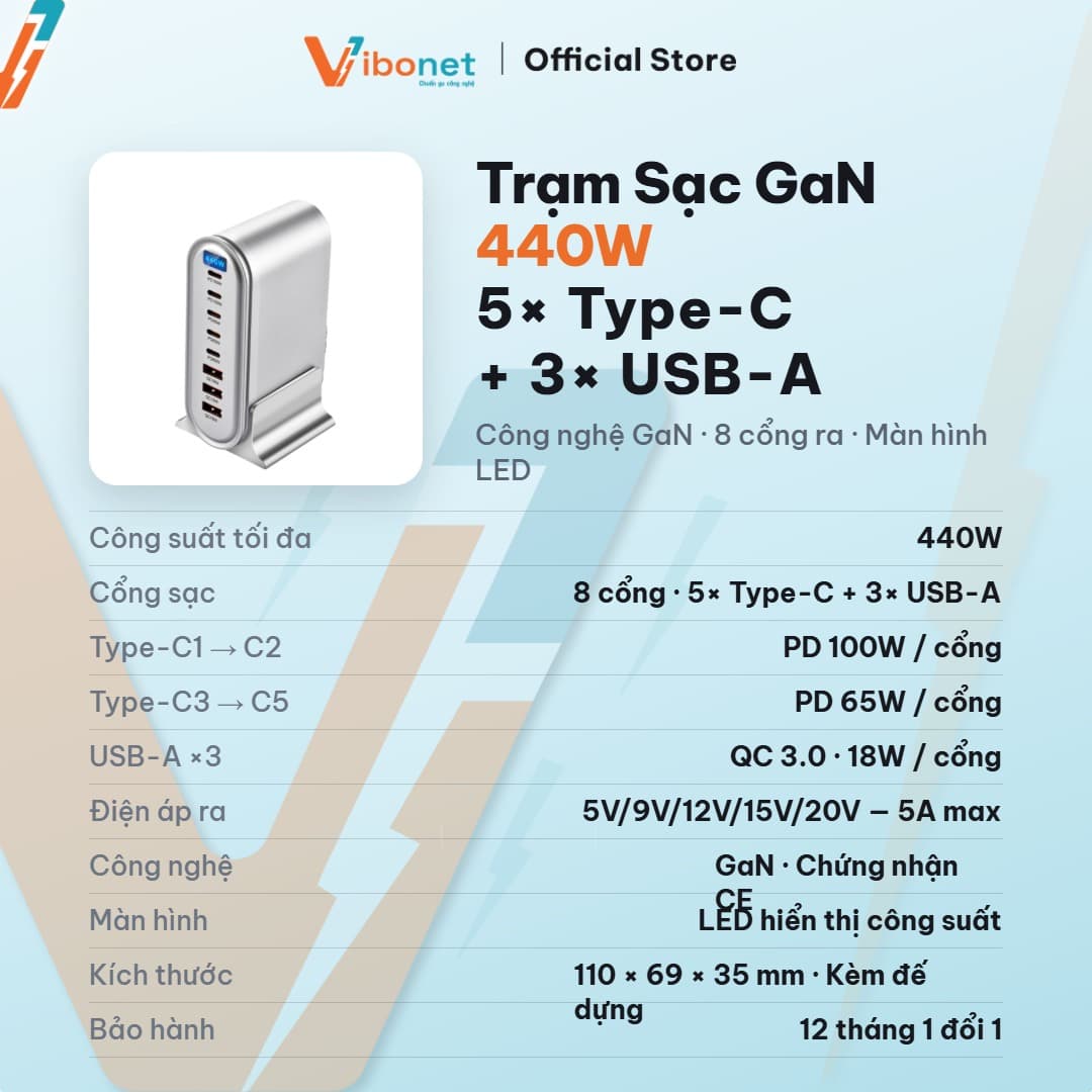Trạm sạc để bàn Vibonet 440W GaN 8 cổng màn hình LED 2