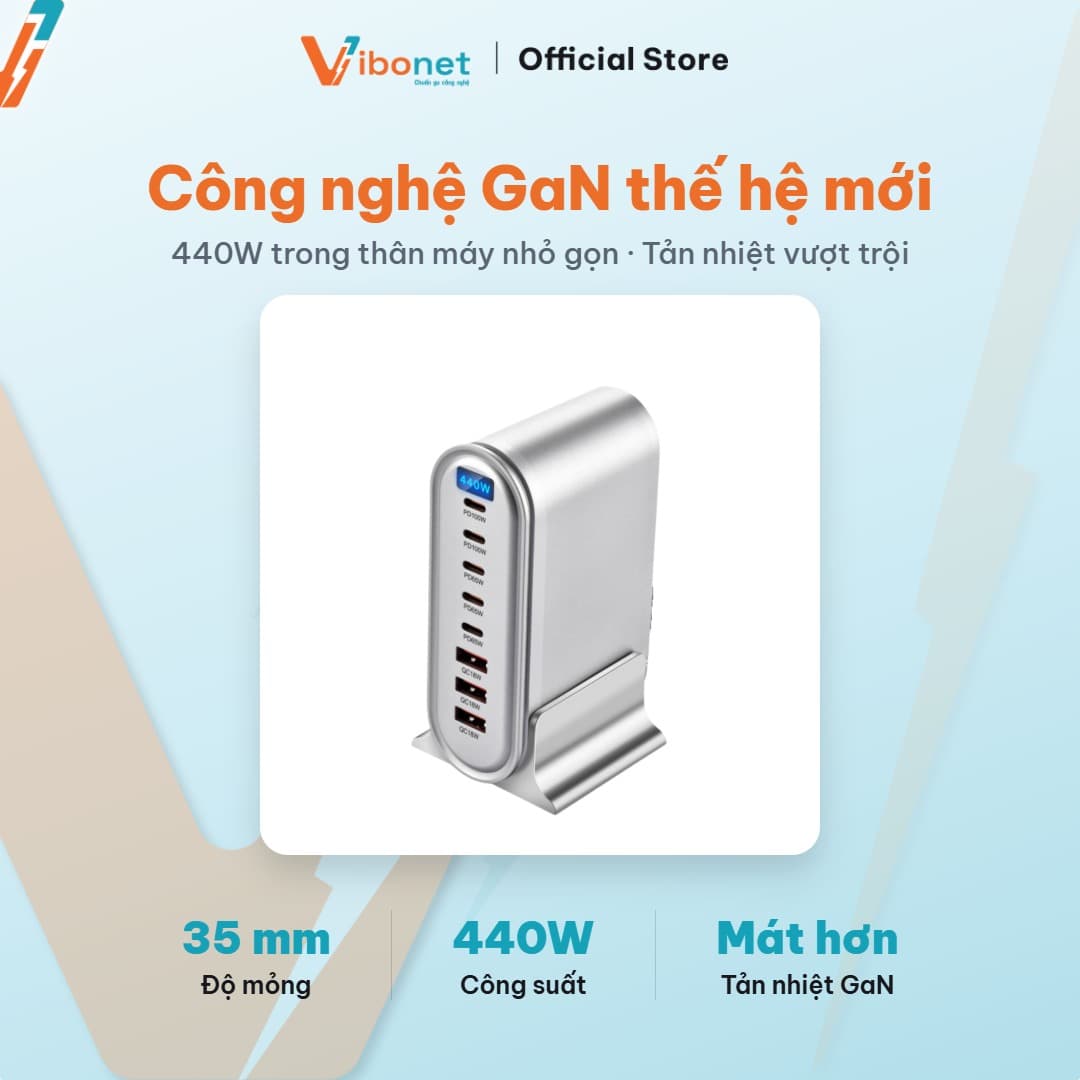 Trạm sạc để bàn Vibonet 440W GaN 8 cổng màn hình LED 7