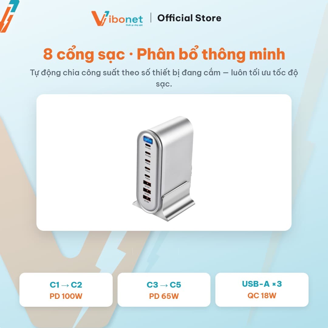 Trạm sạc để bàn Vibonet 440W GaN 8 cổng màn hình LED 8