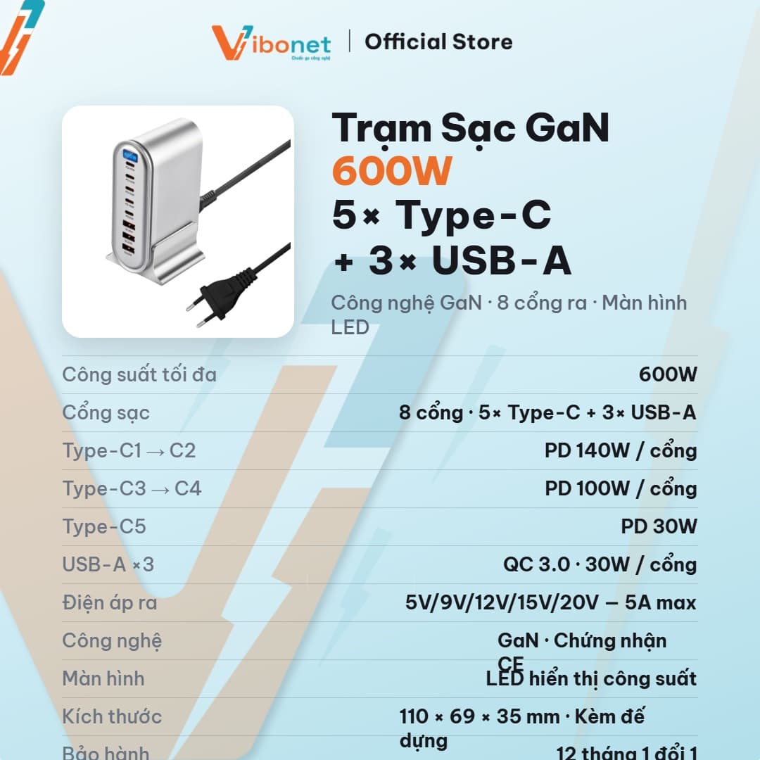 Trạm sạc để bàn Vibonet 600W GaN 8 cổng màn hình LED 2