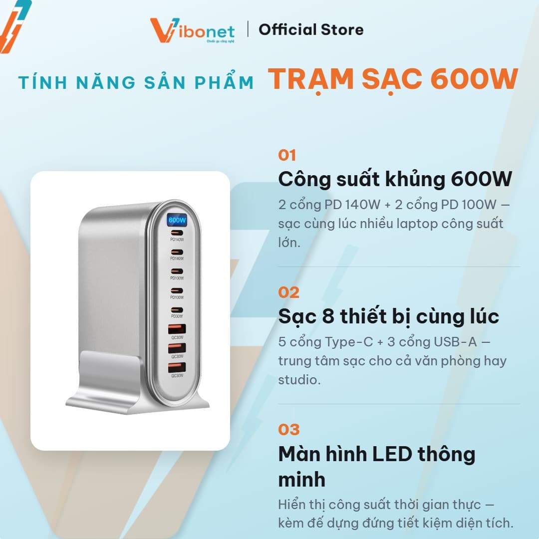 Trạm sạc để bàn Vibonet 600W GaN 8 cổng màn hình LED 3