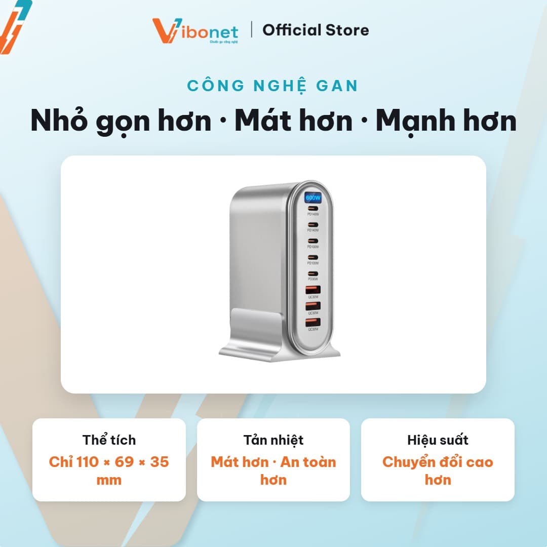 Trạm sạc để bàn Vibonet 600W GaN 8 cổng màn hình LED 5