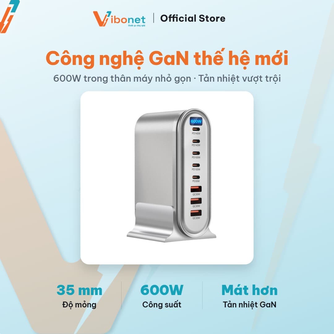 Trạm sạc để bàn Vibonet 600W GaN 8 cổng màn hình LED 7