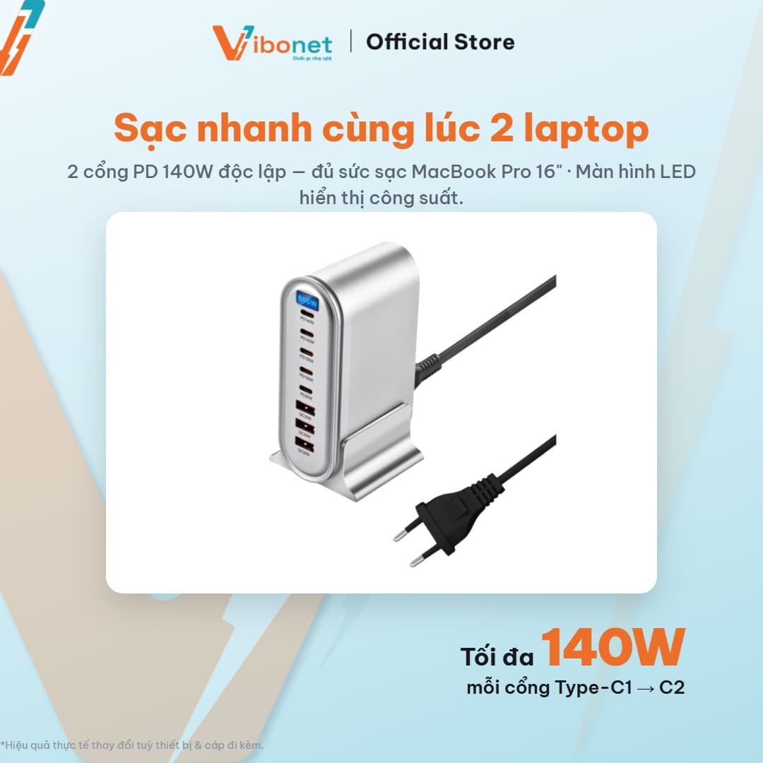 Trạm sạc để bàn Vibonet 600W GaN 8 cổng màn hình LED 9