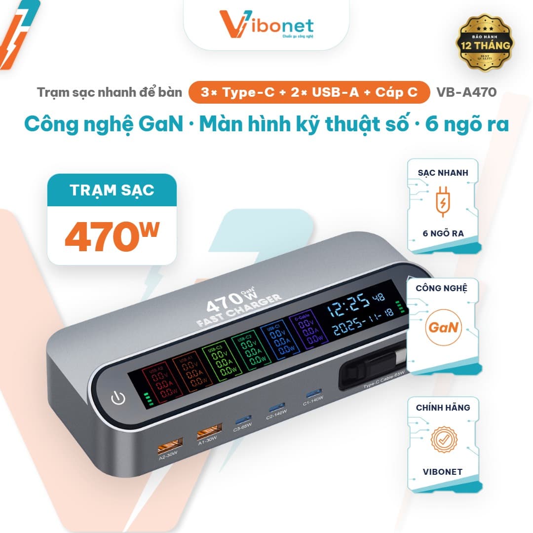 Trạm sạc thông minh Vibonet 470W GaN 5 cổng cáp rút màn hình số