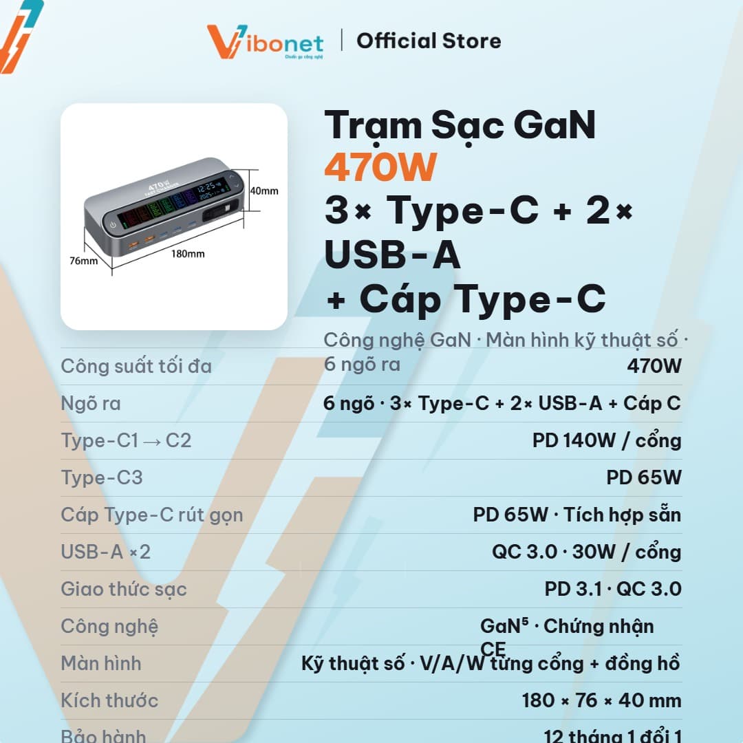 Trạm sạc thông minh Vibonet 470W GaN 5 cổng cáp rút màn hình số 2