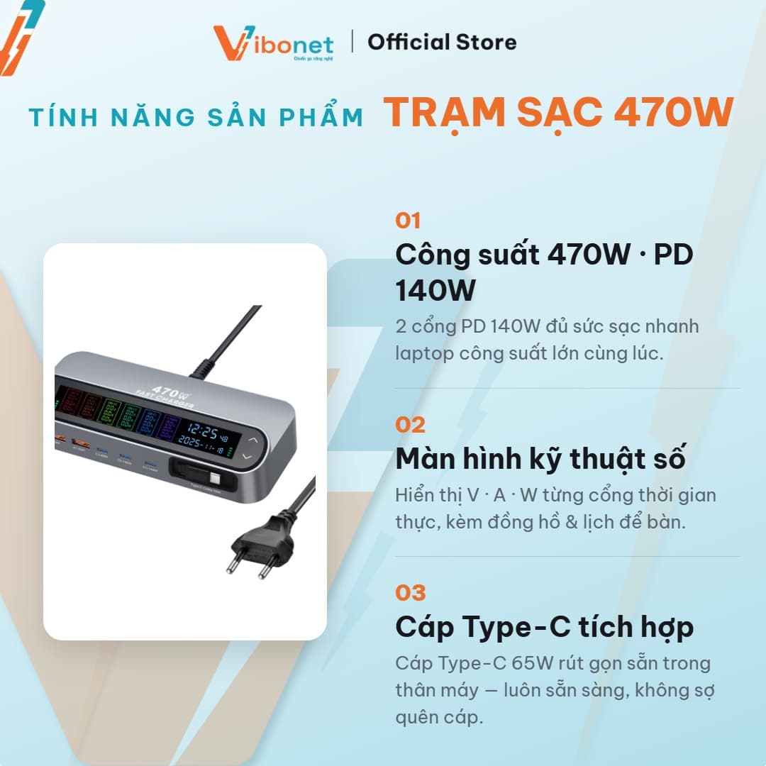 Trạm sạc thông minh Vibonet 470W GaN 5 cổng cáp rút màn hình số 3