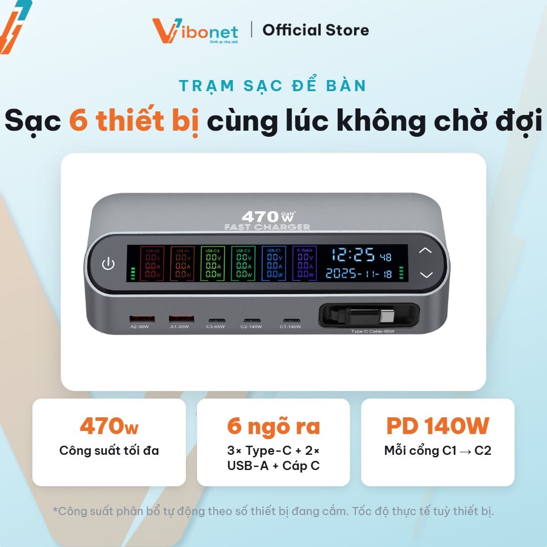 Trạm sạc thông minh Vibonet 470W GaN 5 cổng cáp rút màn hình số 4