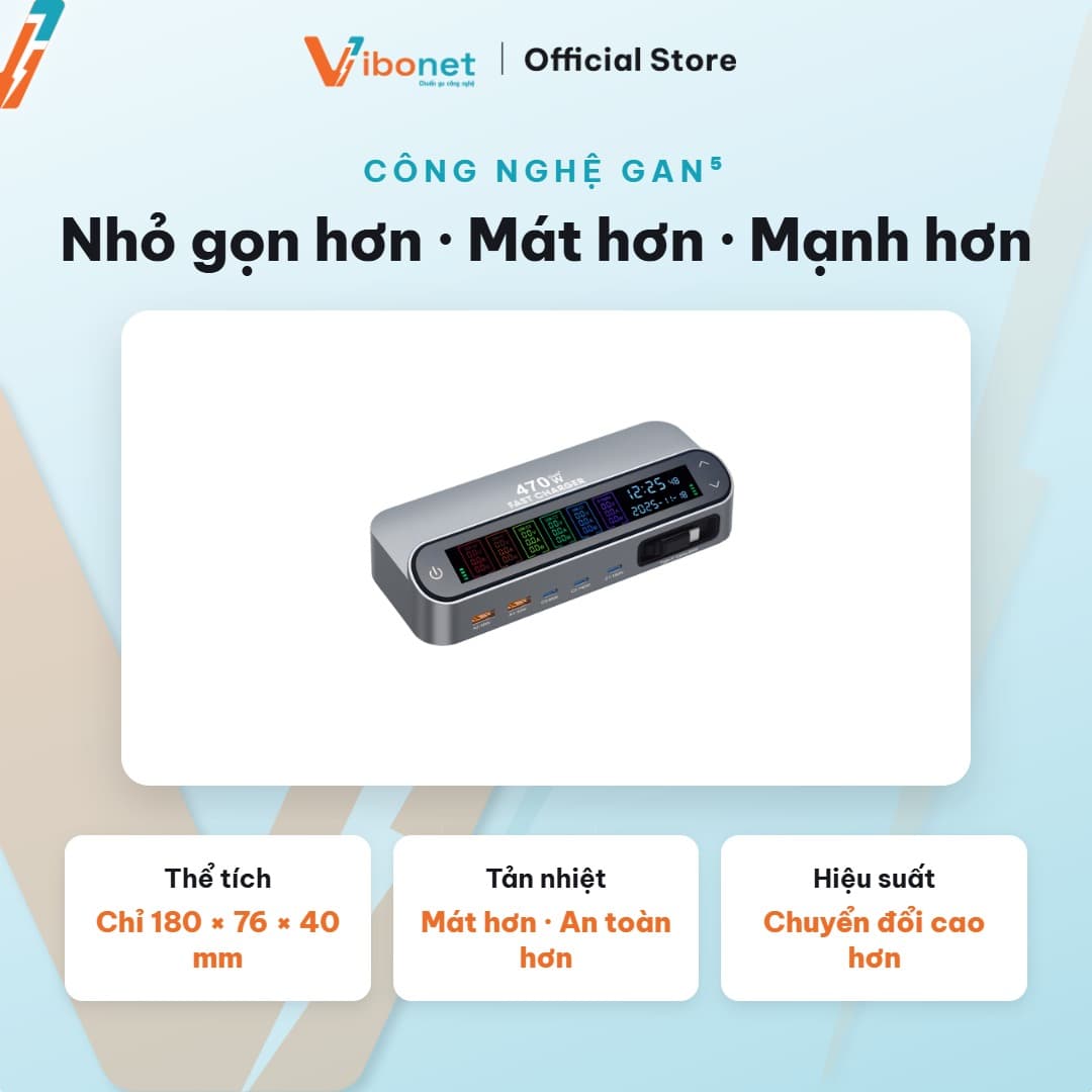Trạm sạc thông minh Vibonet 470W GaN 5 cổng cáp rút màn hình số 5