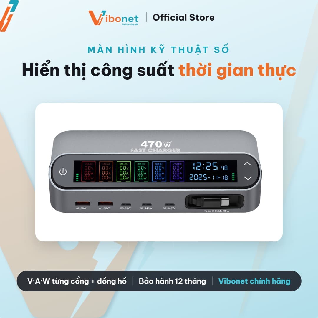 Trạm sạc thông minh Vibonet 470W GaN 5 cổng cáp rút màn hình số 6
