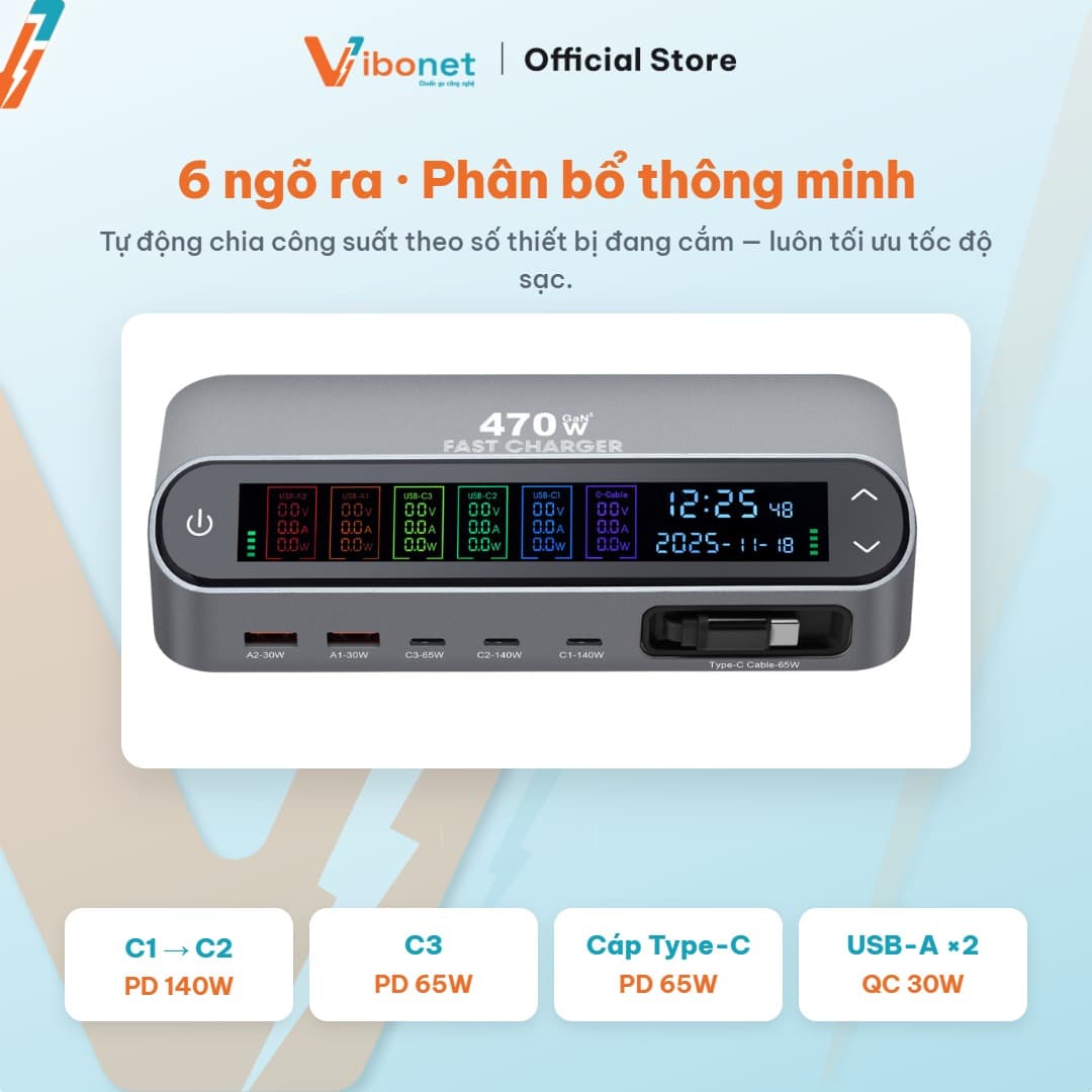 Trạm sạc thông minh Vibonet 470W GaN 5 cổng cáp rút màn hình số 8