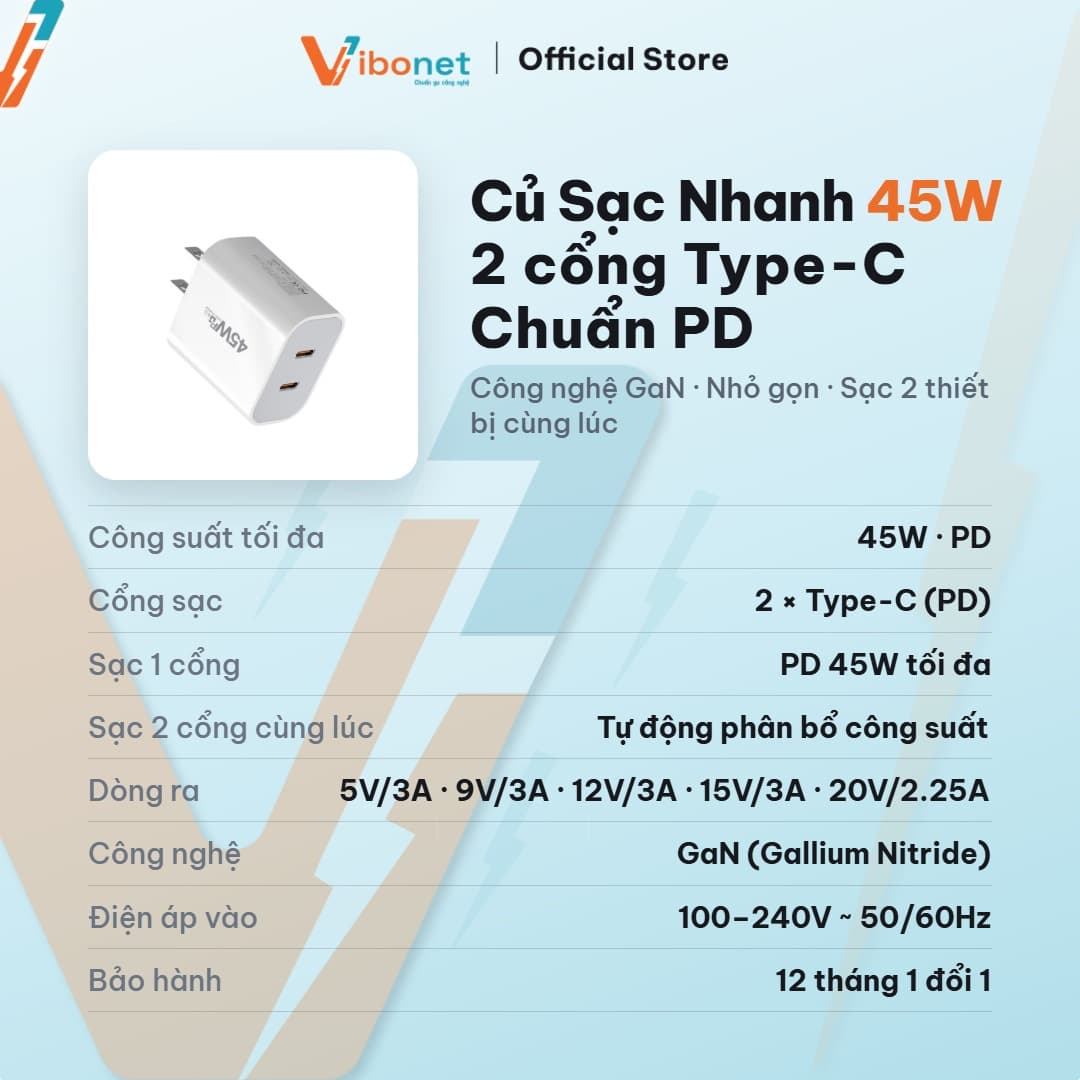 Củ sạc nhanh Vibonet 45W GaN 2 cổng Type-C (PD) 2