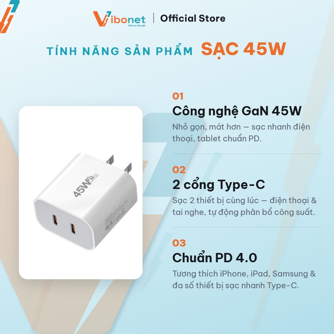 Củ sạc nhanh Vibonet 45W GaN 2 cổng Type-C (PD) 3