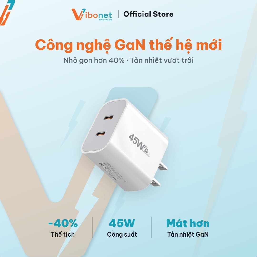 Củ sạc nhanh Vibonet 45W GaN 2 cổng Type-C (PD) 7