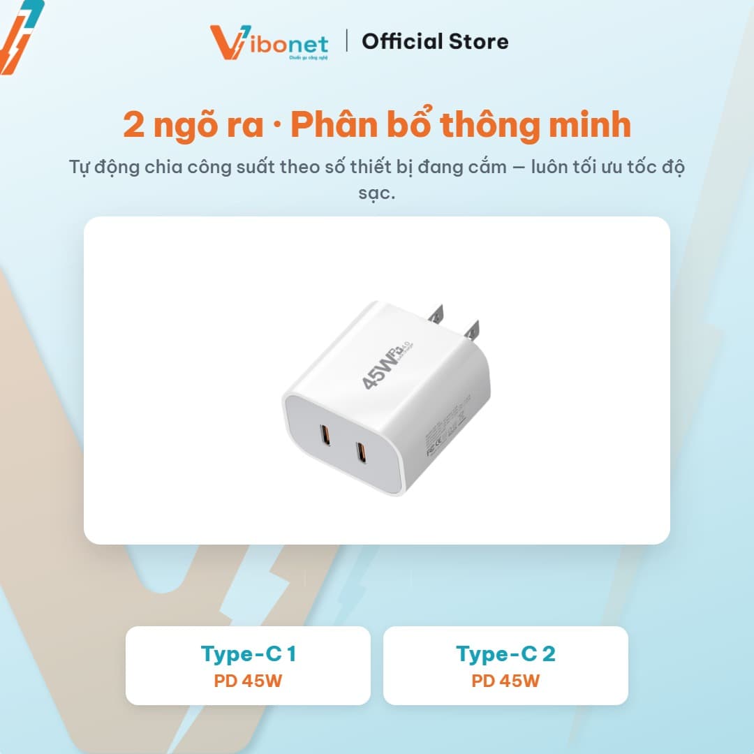 Củ sạc nhanh Vibonet 45W GaN 2 cổng Type-C (PD) 8